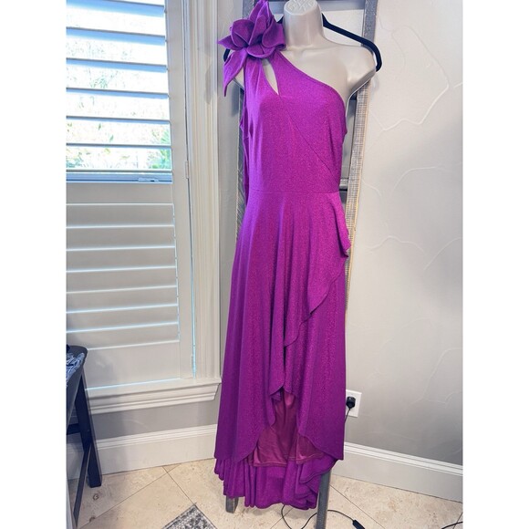 Formal Long Dress Womens L Raspberry Shimmer Strappy One Shoulder Tiered Prom - Picture 2 of 9